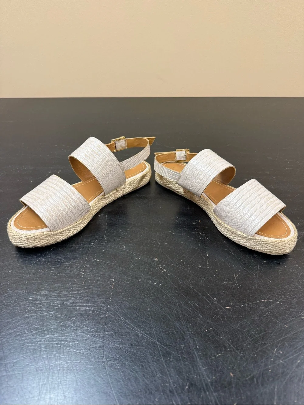 Kaanas Cream Textured Platform Espadrille Sandals